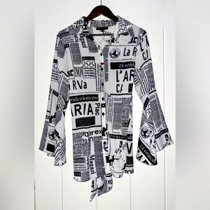 Mishca Newspaper Print Waist Tie Bell‎ Sleeve Art To Wear Blouse Size Large Boho